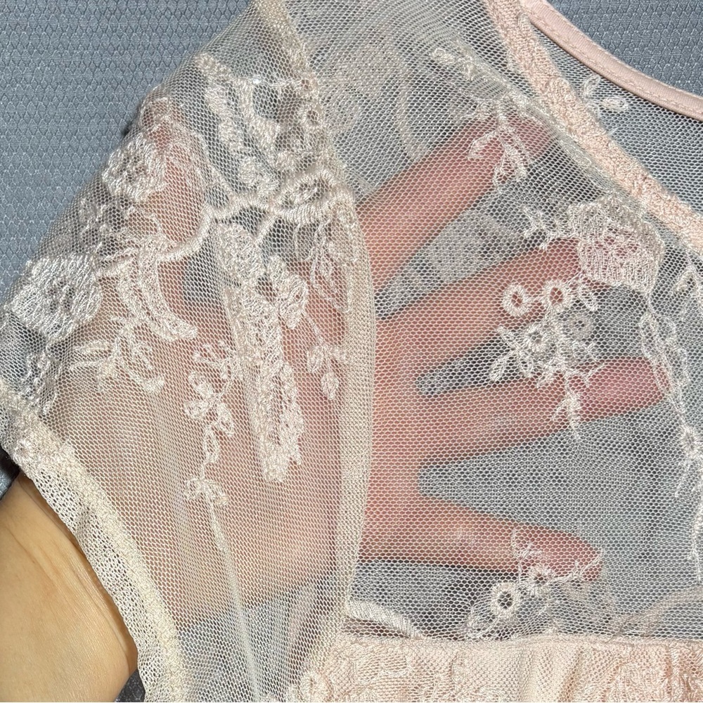 Lily Star sheer mesh lace romantic floral embroidery blouse airy lined womens L - Picture 3 of 8